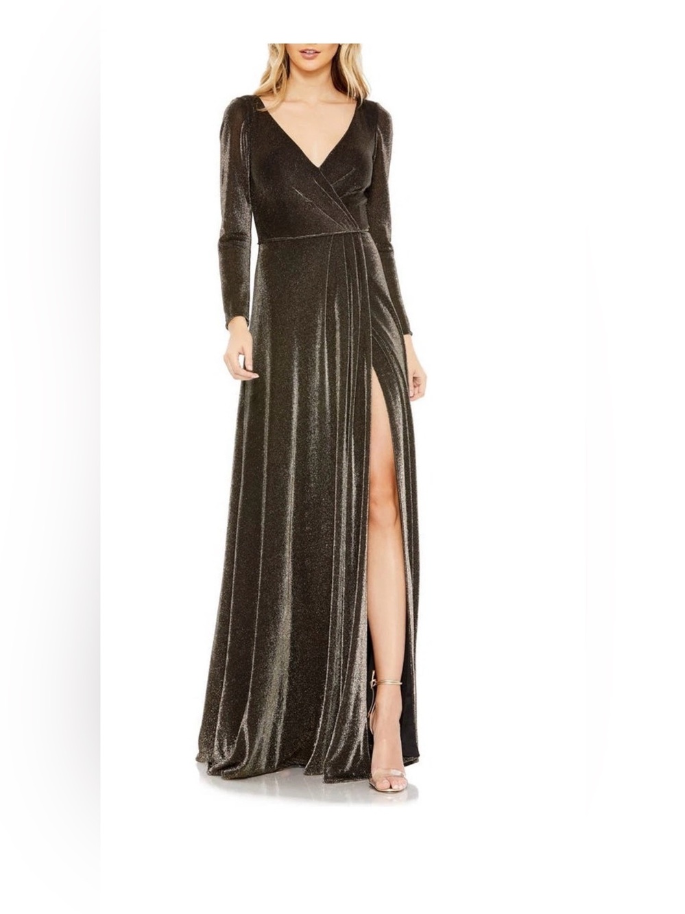 Mac Duggal Metallic Shimmer Long Sleeve Faux Wrap A Line Gown Black /Gold 4 NWT